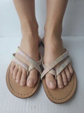 ALDO Iridescent Rhinestone Flip Flop Thong Sandals Sz 10 Flats